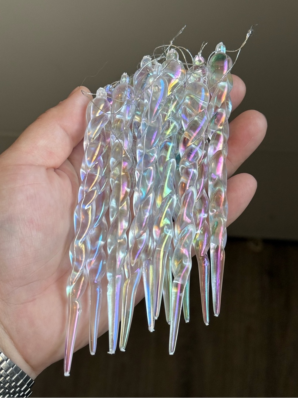 Set of 12 Iridescent Twisted Acrylic Vintage 5" Icicle Christmas Tree Ornaments